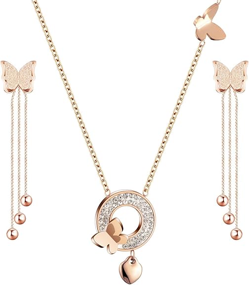 EVEVIC Stainless Steel Butterfly Necklace Earrings Set for Women 14K Gold Plated Hypoallergenic Jewelry Sets