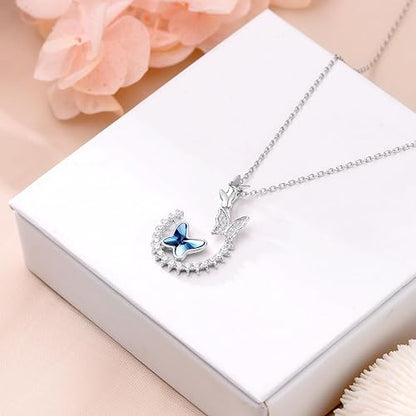 Butterfly Pendant Necklace Gifts for Women, S925 Sterling Silver Pendant Jewelry White Gold Plated with Colorful 5A Cubic Zirconia Crystals for Mom Wife Girls