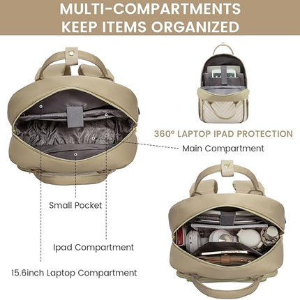 LOVEVOOK 15.6 Inch Laptop Backpack for Women,Large Capacity Work Backpack Purse for Women,Waterproof Travel Day Pack for Teacher Nurse,Khaki-Beige
