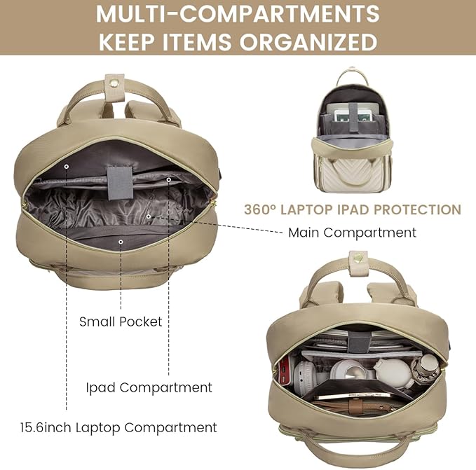 LOVEVOOK 15.6 Inch Laptop Backpack for Women,Large Capacity Work Backpack Purse for Women,Waterproof Travel Day Pack for Teacher Nurse,Khaki-Beige