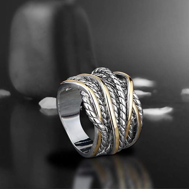 Gold and Silver Statement Rings for Women Wire Intertwined Design 14K Gold Plated Silver Band Ring Index Finger Rings Costume Jewelry Size 7