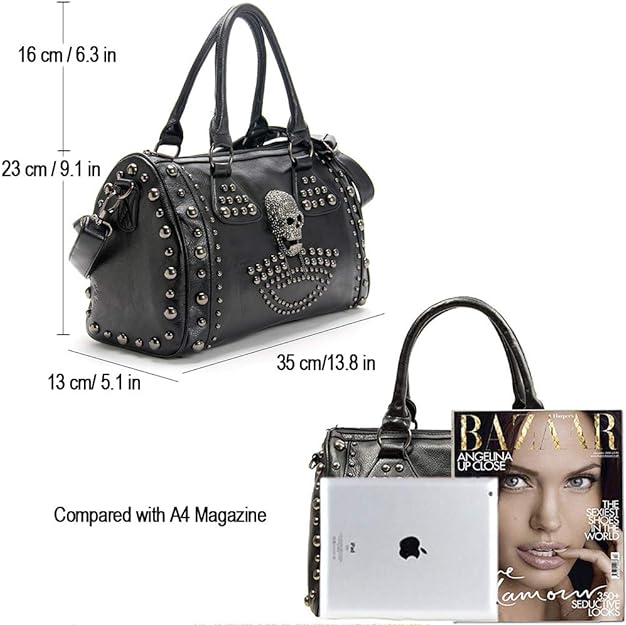 Women Fashion Rivet Handbag Purse Luminous Canvas Punk Tote with Shoulder Strap Crossbody Bag Large Capacity