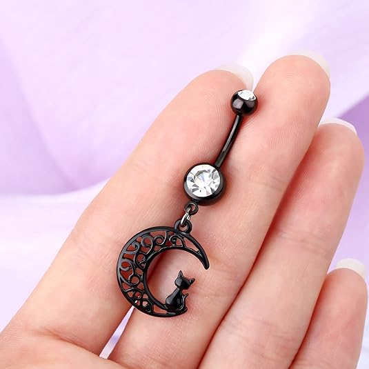 Jewseen 14g 316L Surgical Steel Belly Button Rings with Black Moon Cute Cat Dangle Navel Rings Piercing