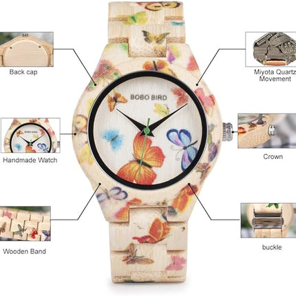 BOBO BIRD Women's Bamboo Watch Butterfly Engraved Handmade Wooden Casual Watches