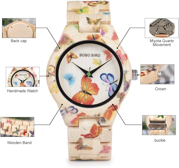 BOBO BIRD Women's Bamboo Watch Butterfly Engraved Handmade Wooden Casual Watches