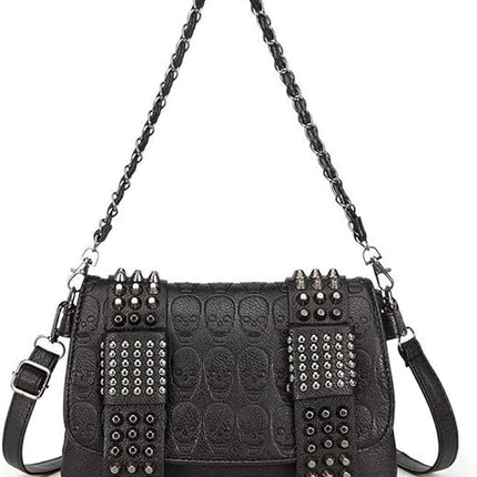 Women Punk Skull Shoulder Top-Handle Bag Goth Rivet Purse Handbag PU Leather Chain Satchel Tote Black