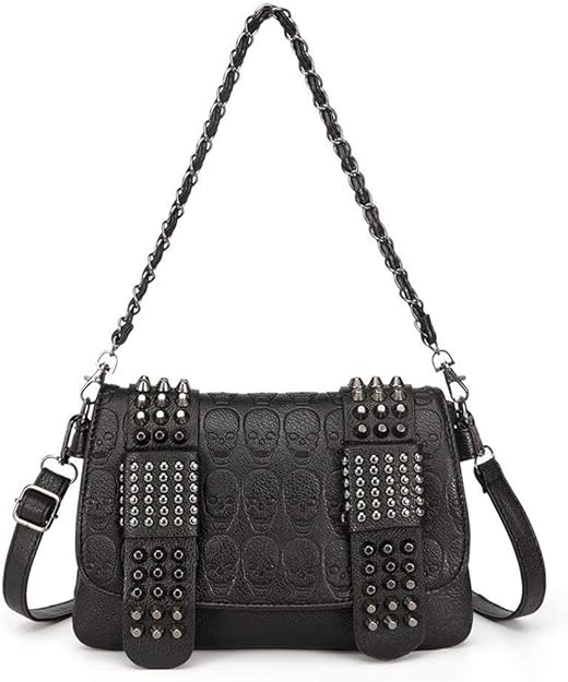 Women Punk Skull Shoulder Top-Handle Bag Goth Rivet Purse Handbag PU Leather Chain Satchel Tote Black