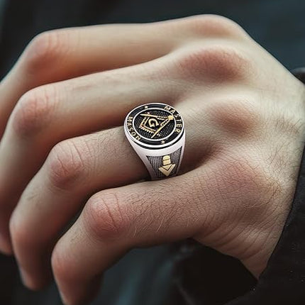 Titanium Steel Masonic Rings for Men - Master Mason Ring Freemason Ring Signet Jewelry Gift Gold Symbol Size 8-12