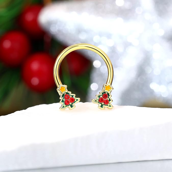 CM Crareesi Mania Christmas Tree Septum Ring 16G Septum Piercing Jewelry 316L Stainless Steel Gold Daith Piercing Jewelry 10mm Daith Earrings for Christmas