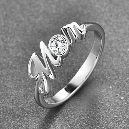 Mom Ring 925 Sterling Silver Oval Cut CZ Stackable Initial Letter Ring for Mother Size 6-9