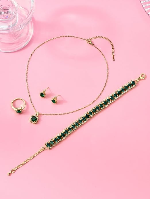 4pcs Cubic Zirconia Wedding Jewelry Sets for Bride Bridesmaid Cubic Zirconia Pendant Necklace Earrings Link Tennis Bracelet Open Ring Set for Women