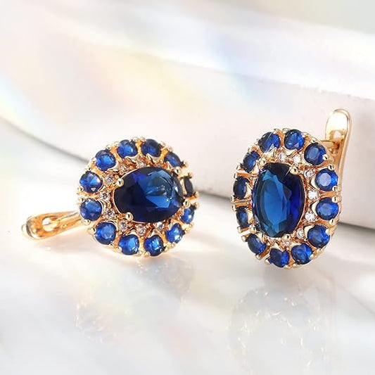 Sapphire Earrings for women，Cubic Zirconia Stud Earrings 18K Gold Plated Crystal Flower Earrings