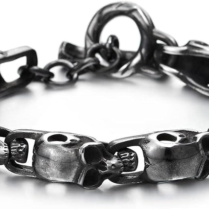 COOLSTEELANDBEYOND Stainless Steel Blackened Old Metal Finishing, Skulls Link Chain Bracelet for Man