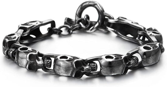 COOLSTEELANDBEYOND Stainless Steel Blackened Old Metal Finishing, Skulls Link Chain Bracelet for Man