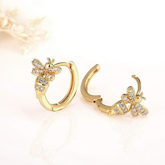 18K Gold Bee Earrings for Women, Hypoallergenic Stud with Cubic Zirconia, Hoop Earrings for Women, Gold