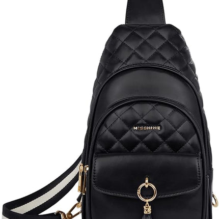 Missnine Sling Bag for Women Quilted PU Leather Fanny Pack Crossbody Bags Trendy Chest Bag Hiking Cycling Travel with Tassel