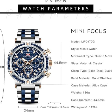 MF MINI FOCUS Business Men Watches (Chronograph/Waterproof/Luminous/Calendar/24 Hours) Big Face Stainless Steel Band Watches for Men
