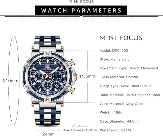 MF MINI FOCUS Business Men Watches (Chronograph/Waterproof/Luminous/Calendar/24 Hours) Big Face Stainless Steel Band Watches for Men