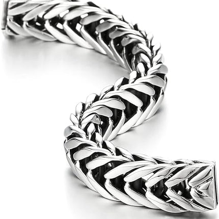COOLSTEELANDBEYOND Masculine Style Wide Curb Chain Bracelet Stainless Steel Silver Color for Men