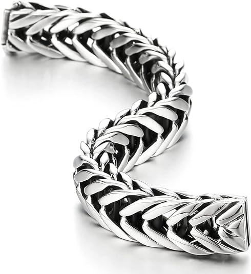 COOLSTEELANDBEYOND Masculine Style Wide Curb Chain Bracelet Stainless Steel Silver Color for Men