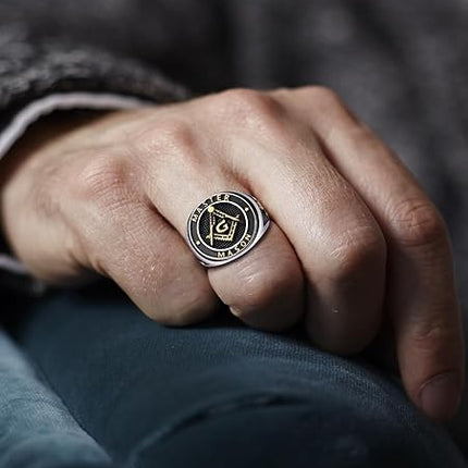 Titanium Steel Masonic Rings for Men - Master Mason Ring Freemason Ring Signet Jewelry Gift Gold Symbol Size 8-12