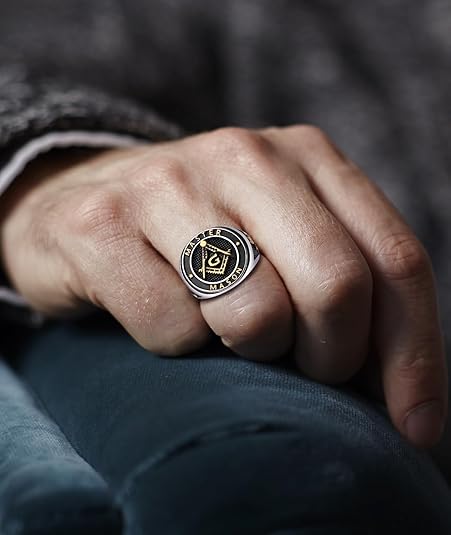 Titanium Steel Masonic Rings for Men - Master Mason Ring Freemason Ring Signet Jewelry Gift Gold Symbol Size 8-12