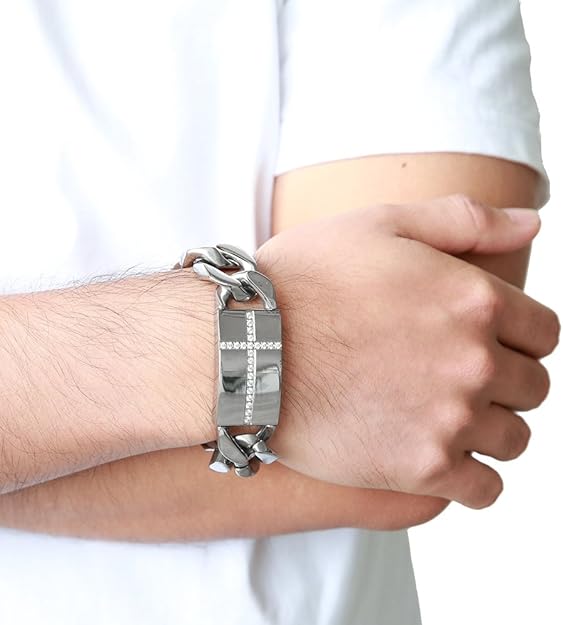 COOLSTEELANDBEYOND Mens Large Stainless Steel Cross Identity Curb Chain Bracelet Set with Cubic Zirconia Hip Hop Rock