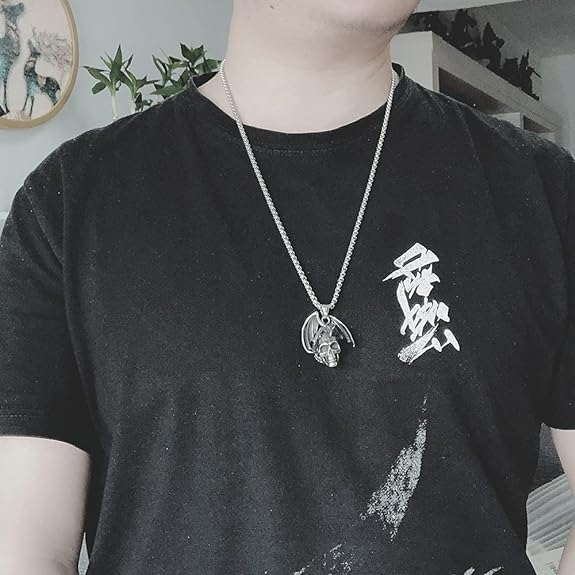 bahamut Mens Skull Dragon Pendant Necklace for Men Boys Silver Gold Cool Goth Accessory Jewelry with Stainless Steel Chain