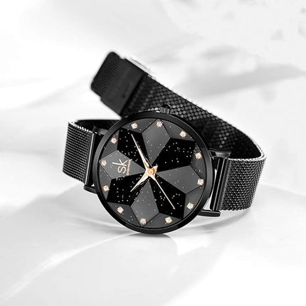 Creative Ultra Thin Minimalist Starry Sky Flower Dial Women Watch with Stainless Steel Mesh Band Genuine Leather Elegant Women Watches