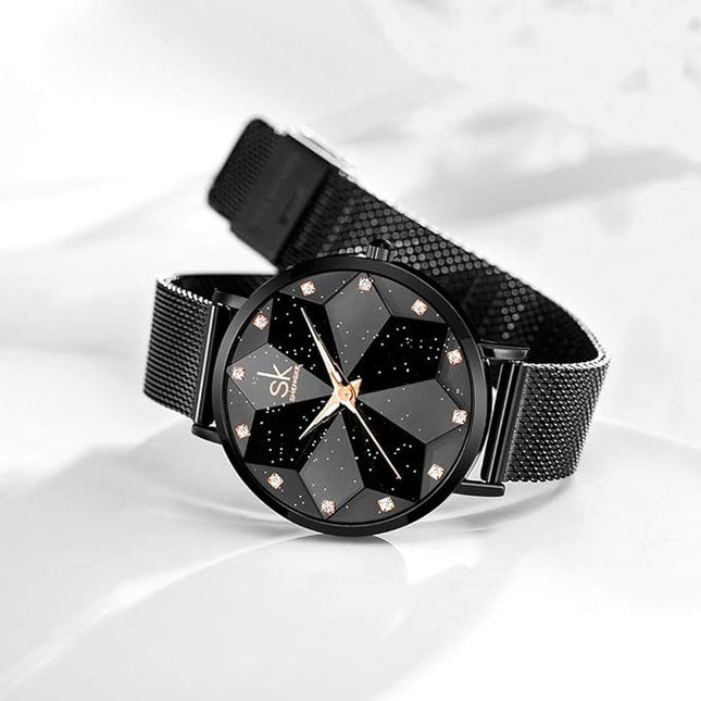 Creative Ultra Thin Minimalist Starry Sky Flower Dial Women Watch with Stainless Steel Mesh Band Genuine Leather Elegant Women Watches