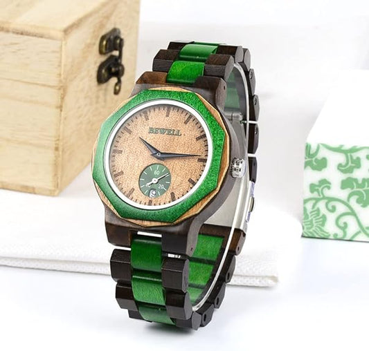 BEWELL Wood Watch Casual Analog Quartz Polygon Wristwatches for Men Unique Gift