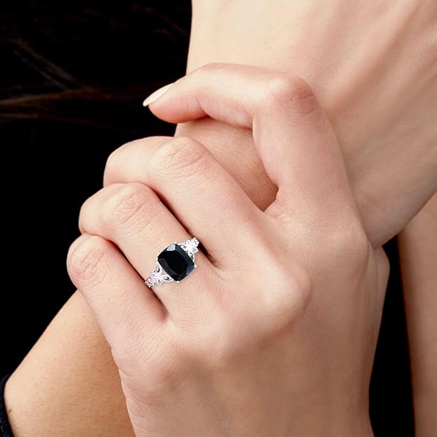 Black Tourmaline Ring in 925 Sterling Silver - October Birthstone Rings for Women - Engagement Promise Floral Statement Vintage Solitaire Tourmaline Jewelry Size 6