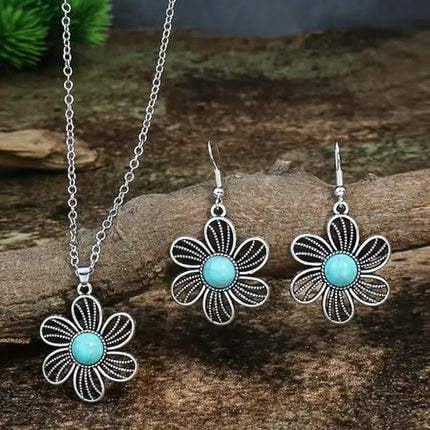 Vintage Style Women's Earrings Necklace 3 Piece Set Antique Silver Drop Shaped Turquoise Pendant