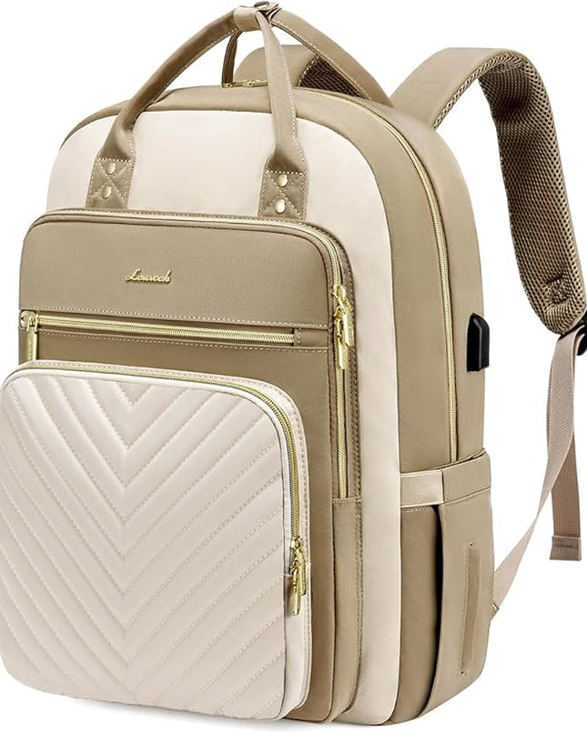 LOVEVOOK 15.6 Inch Laptop Backpack for Women,Large Capacity Work Backpack Purse for Women,Waterproof Travel Day Pack for Teacher Nurse,Khaki-Beige