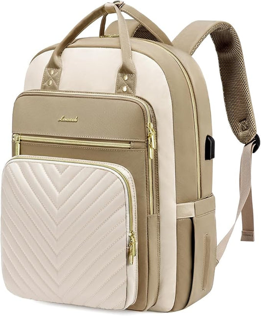 LOVEVOOK 15.6 Inch Laptop Backpack for Women,Large Capacity Work Backpack Purse for Women,Waterproof Travel Day Pack for Teacher Nurse,Khaki-Beige