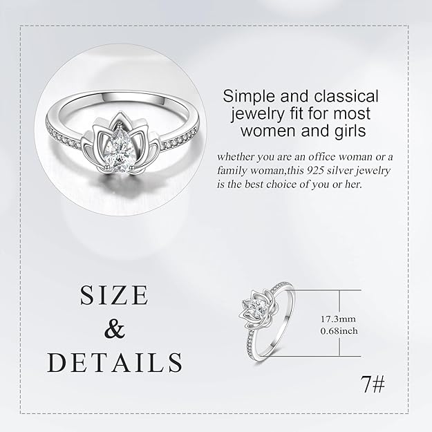 TIGER RIDER Sterling Silver Lotus Ring for Women Cubic Zircon Lotus Flower Rings Yoga Ring Lotus Jewelry Birthday Mothers Day Gifts for Mom