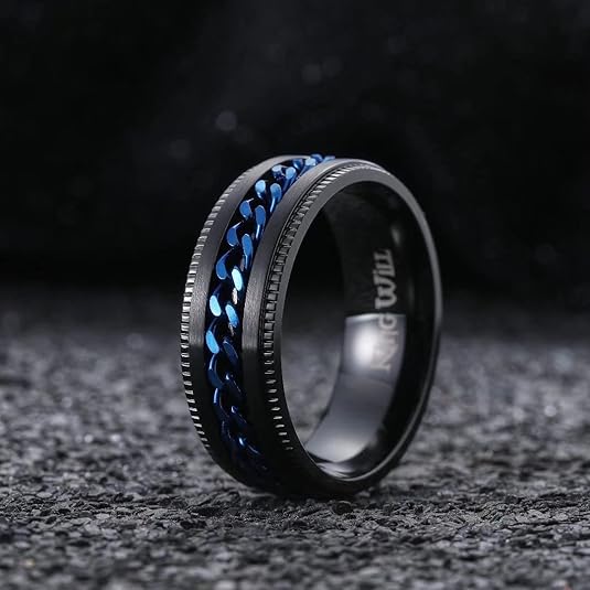 King Will 316L Stainless Steel Fidget Ring for Men-8mm Width with Stylish Chain Inlay Spinner Ring Stress Relief, Durable Wedding Band Comfort Fit Size 6-10