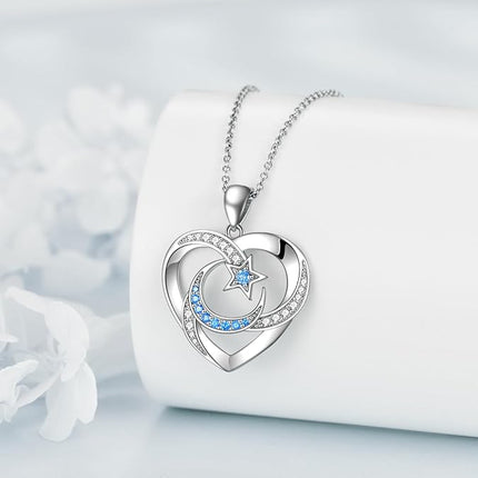 AXELUNA Moon Star Necklace Heart Necklace Sterling Silver S925 Cubic Zirconial Jewelry for Women Ladies