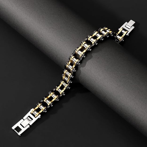 COOLSTEELANDBEYOND Masculine Men's Bike Chain Bracelet of Stainless Steel Two-Tone Polished