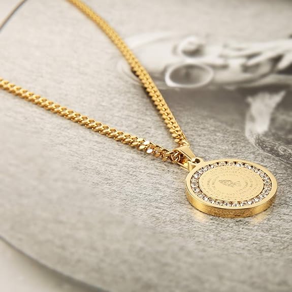 HZMAN Bible Verse Prayer Necklace Christian Jewelry Gold Stainless Steel Praying Hands Coin Medal Pendant