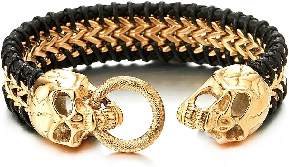 COOLSTEELANDBEYOND Mens Steel Gold Square Franco Chain Bracelet Interwoven with Black Leather, Skull Spring Ring Clasp