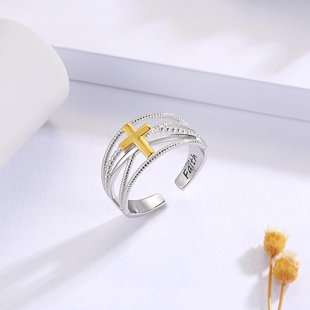 APOTIE Sterling Silver Cross Wrap Ring - S925 Faith Adjustable Ring Jewelry Inspirational Gift for Women