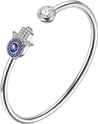 beautlace Hamsa Hand of Fatima Evil Eye Bangle Silver Plated Adjustable Hand Bracelets