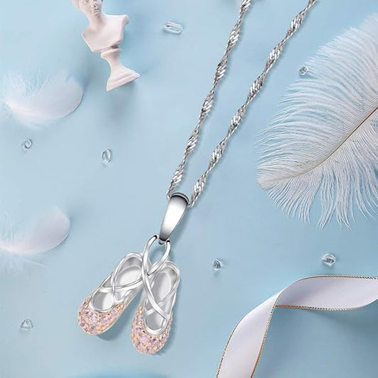 925 Sterling Silver Ballerina Necklace Jewelry Cubic Zirconia Ballet Slippers Shoes Necklace Unicorns Gifts for Girls Teen & Dancer 18"