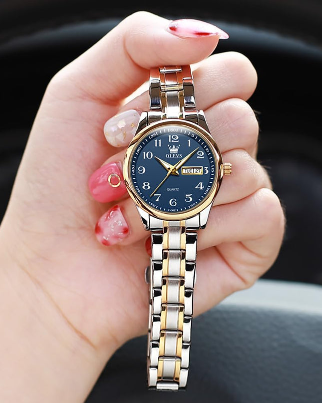 OLEVS Luxury Ladies Watches,Women's Watch with Day and Date,Female Watch for Small Wrist,Gold Stainless Steel Watches for Women,Easy Read Ladies Wrist Watches Waterproof（Adjustable Strap