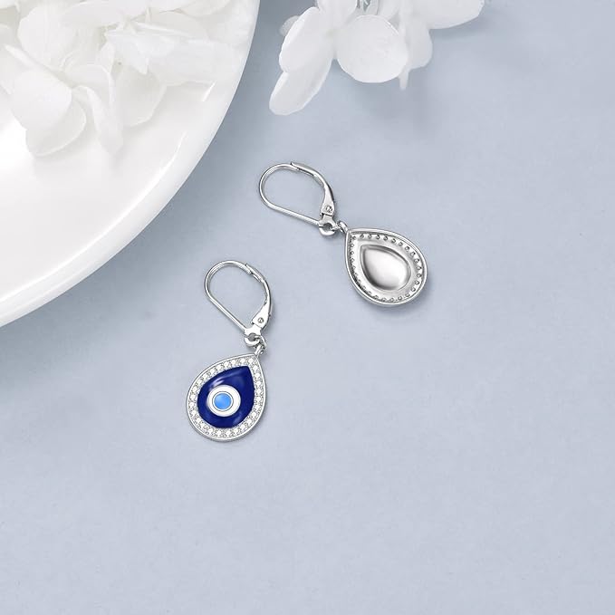 YAFEINI Evil Eye Earrings Sterling Silver Leverback Evil Eye Dangle Drop Earrings Turkish Protection Jewelry for Women Girls