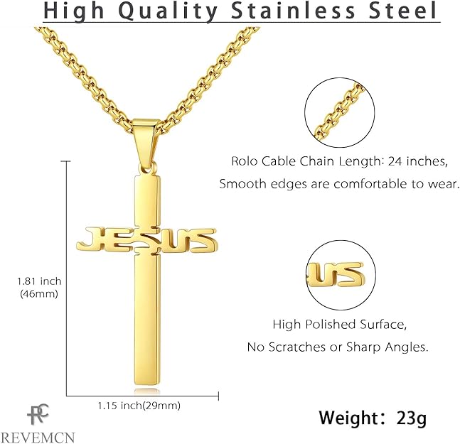 REVEMCN Stainless Steel Jesus Cross Pendant Necklace for Men Women 20-24 Inches Rolo Chain Christian Gifts for Men Faith