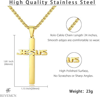 REVEMCN Stainless Steel Jesus Cross Pendant Necklace for Men Women 20-24 Inches Rolo Chain Christian Gifts for Men Faith