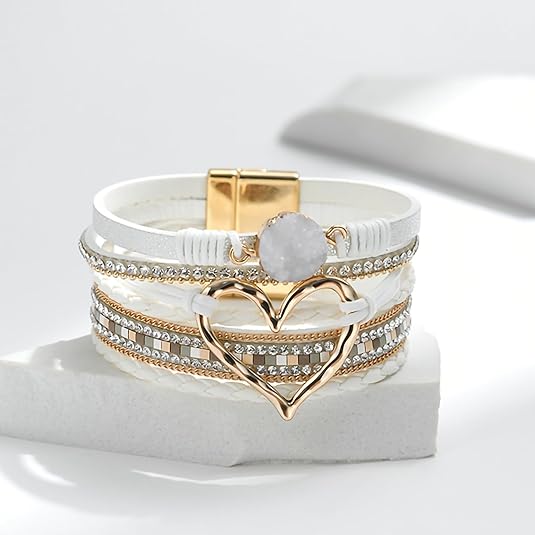 Leopard Bracelet for Women, Boho Leather Wrap Multi-Layer Pearl Crystal Bracelet Bangle Jewelry