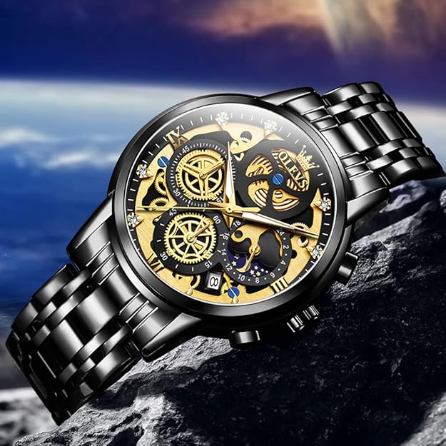 OLEVS Skeleton Watch for Men Stainless Steel Chronograph Watch for Men Classic Waterproof Mens Watches with Date Luxury Business Men's Analog Wrist Watches, relojes para Hombres